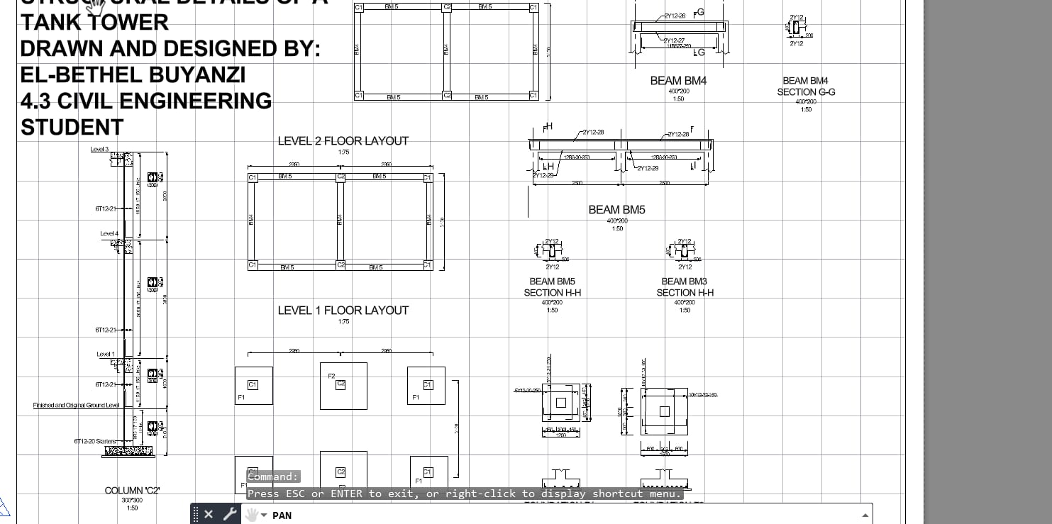 CAD drawing of structural details of a tank tower, including column, beam and floor layout sections, drawn and designed by El-Bethel Buyanzi
