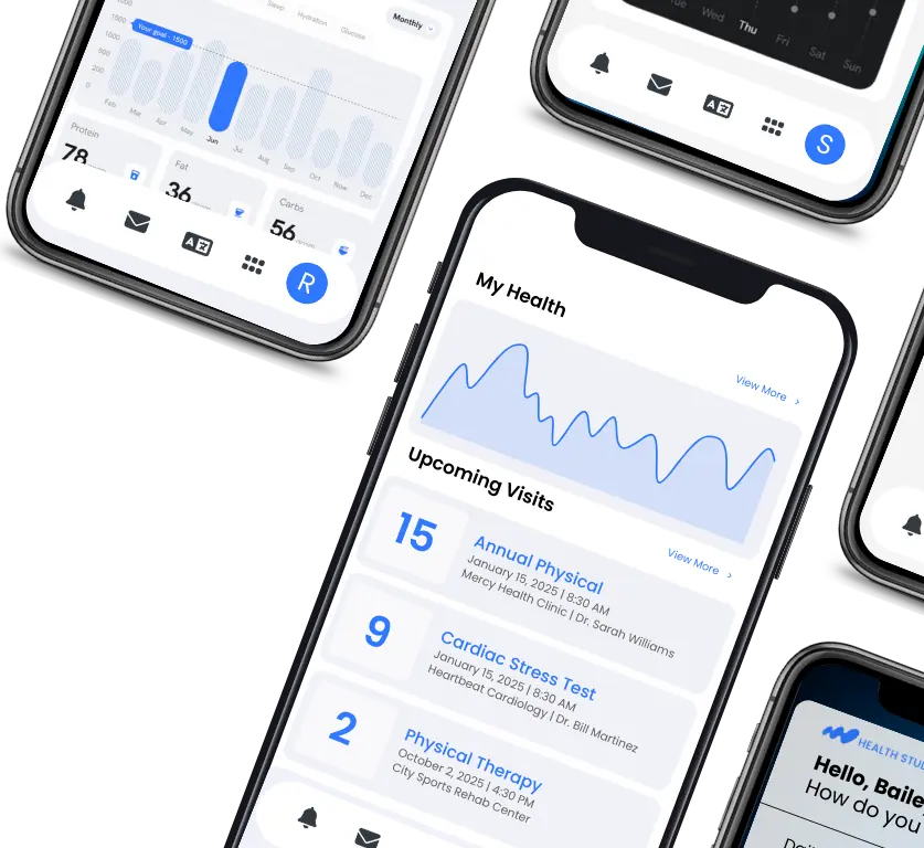 Infographic of Health Studio's application on a many smartphones