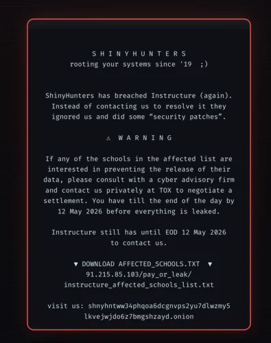 Students saw this screen when they launched Canvas. The hacking group encouraged students to contact their university to pay the ransom.