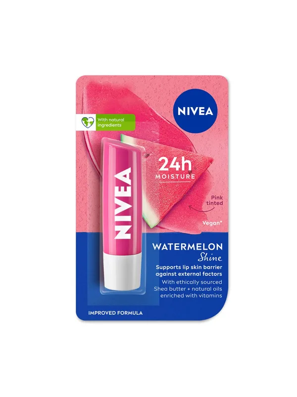 Nivea Caring Lip Balm - Watermelon Shine 24h Moisture with Natural Oils, Pink Shine 4.8 g