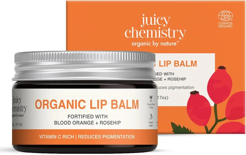 Juicy Chemistry Organic Lip Balm with Blood Orange & Rosehip, 5g | Deeply Moisturising & Brightening Lip Care | Reduces Lip Pigmentation | Dermatologically Tested | 100% Natural | Certified Organic & Cruelty-Free