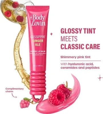 Plum BodyLovin' Gossippin’ Ginger Ale Glassic Lip Balm |Coral Pink Shimmer Gloss Tint Shimmery Pink