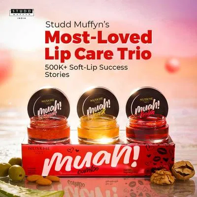 Nuskhe By Paras Muah Lip Brightening Combo | Lip Scrub, Mask & Balm | 3-Step Lip Care Set ALMOND