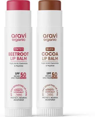 Aravi Organic Lip Balm Combo SPF 50++++ Beetroot Tinted + Nude Cocoa for Pigmentation Beetroot, Nude