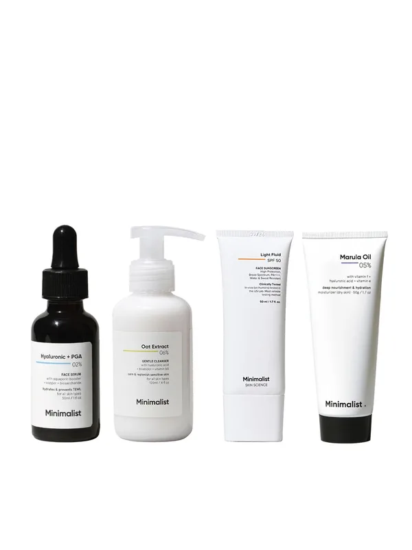 Minimalist Set of Face Sunscreen + Marula Oil + Hyaluronic Acid Serum + Gentle Cleanser