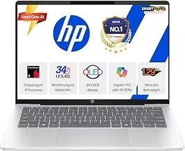 HP Smartchoice OmniBook 5 OLED (Previously Pavilion), Snapdragon X Processor 45 Tops (16GB LPDDR5x, 512GB SSD), 2K 14''/35.6cm, Win11, Office24, Silver, 1.29kg, he0014QU, Multi-Day Battery, AI Laptop