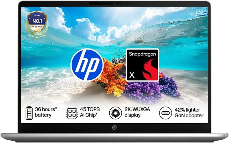 HP Omnibook 3, Snapdragon X Processor 45 TOPS (16GB LPDDR5x,512GB SSD) 2K WUXGA, Anti-Glare, 14''/35.6cm, Win 11, M365*Office 24,Silver,1.42kg, hz0026QU, Lighter mini Charger, FHD IR Camera, AI Laptop
