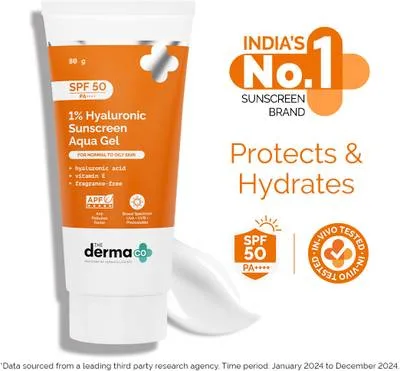 The Derma Co Sunscreen - SPF 50 PA++++ 1% Hyaluronic Sunscreen Aqua Gel Lightweight, No white-cast for Broad Spectrum