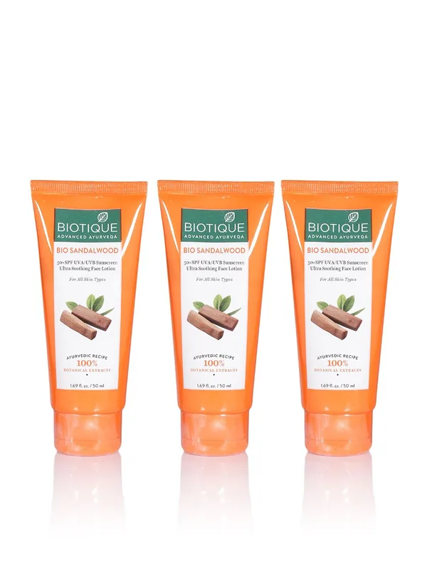 Biotique Set of 3 Sun Shield Sandalwood 50+SPF Ultra Protective Sunscreen Lotion 50ml each