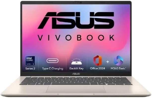 ASUS Vivobook 14 (2026),Intel Core Ultra 5 225H, Intel iGPU,16GB RAM,1TB SSD,FHD+,14"(35.5 cm),Windows 11,M365 Basic(1 Year)* Office 2024, Platinum Gold, 1.46 Kg, X1407CA-LY1581WS,Thin & Light Laptop