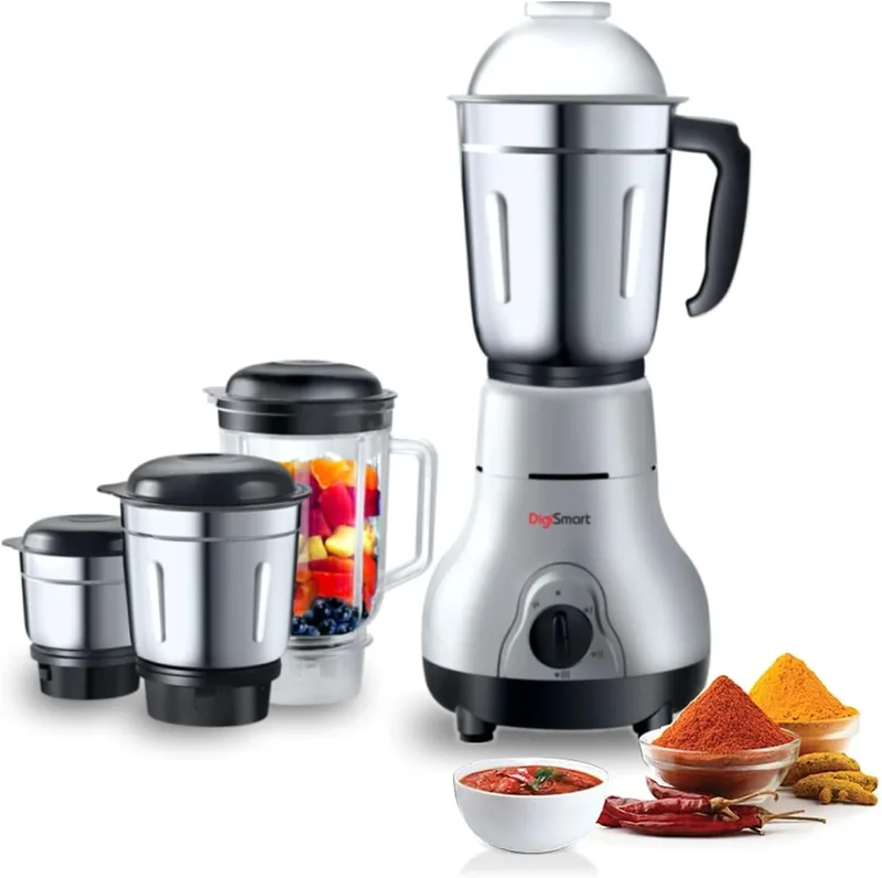 DigiSmart Kitchen Mate 750 Watt Powerful Motor Mixer Grinder for Chutney, Juice and Shake With 4 Jars, Fast Grinding Wet & Dry Ingridients, Stainless Blade, 2 Years Warranty - Grey and Black