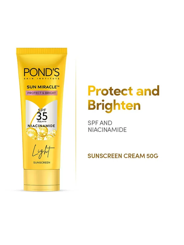 Ponds Sun Miracle SPF 35 PA+++ Protect & Bright Light Sunscreen with Niacinamide - 50g