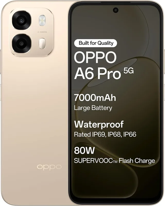 Oppo A6 Pro 5G (Gold, 8GB RAM, 128GB Storage) 6.75 Inch Screen, 144Hz Display, 7000mAh Battery, 80W Fast Charging,16MP Front & 50MP Main Camera with No Cost EMI/Additional Exchange Offers