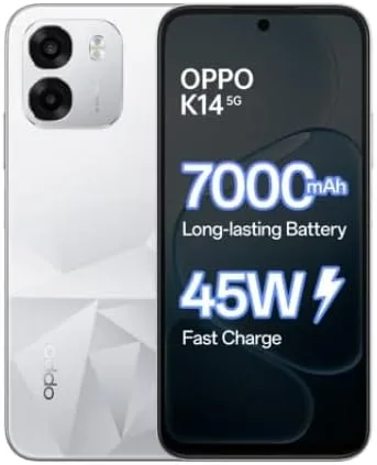 OPPO K14 5G Smartphone, Prism White, 6GB RAM, 128GB Storage, 7000 mAh Battery, 45W Fast Charge