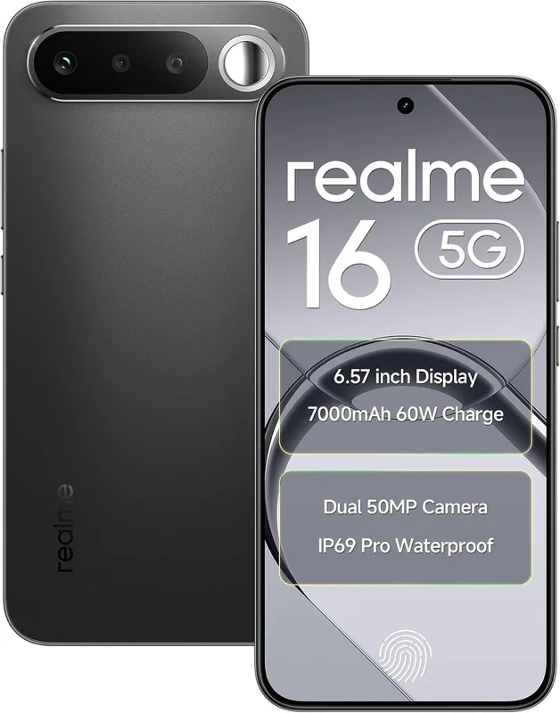 realme 16 5G Smartphone 6.57" AMOLED 120Hz Display, 8GB RAM 128 ROM 7000mAh Titan Battery 60W Fast Charge, Dual 50MP AI Camera, MediaTek Dimensity 6400 Turbo Processor, IP69 Air Black