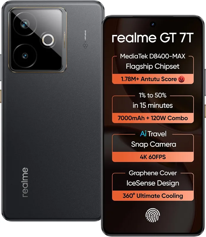 realme GT 7T (IceSense Black,12GB+512GB) | MediaTek D8400 MAX | Strongest Battery Combo 7000mAh + 120W | AI 4K 60FPS Travel Camera | 360° Cooling IceSense Design with Graphene | 6000 nits Display