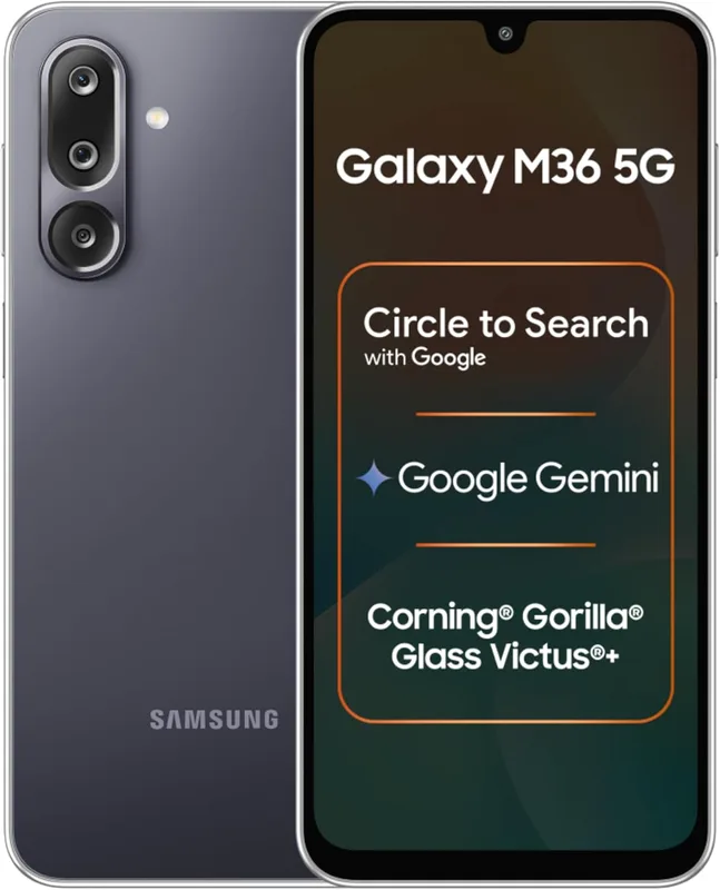 Samsung Galaxy M36 5G Mobile (Velvet Black, 8GB RAM, 128GB Storage) | Google Gemini| Gorilla Glass Victus+ | 7.7mm | AI Enhanced 50MP OIS Triple Camera| Nightography| Lag-free Gaming | Without Charger