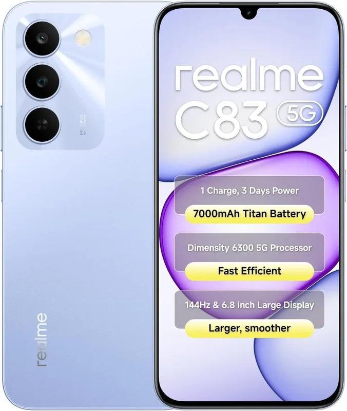realme C83 Smartphone 6.8 Inch 144Hz Display 4GB RAM 128BG ROM 7000mAh Titan Battery Dimensity 6300 Processor Android 16, IP64 Waterproof Support AI Camera, Dual 5G SIM, GPS, WiFi Purple