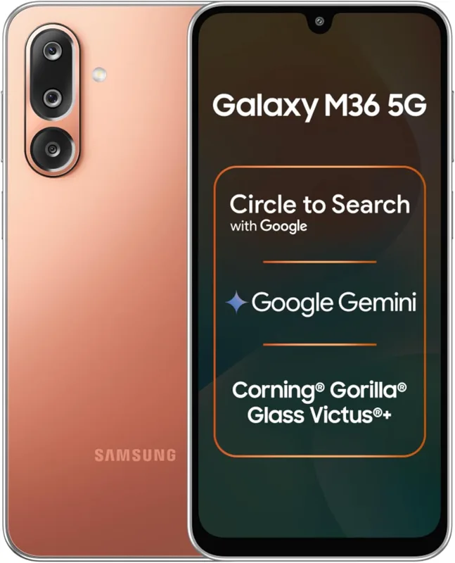 Samsung Galaxy M36 5G Mobile (Orange Haze, 8GB RAM, 128GB Storage) | Google Gemini| Gorilla Glass Victus+ | 7.7mm | AI Enhanced 50MP OIS Triple Camera | Nightography| Lag-free Gaming | Without Charger