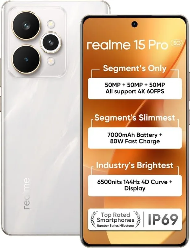 realme 15 Pro 5G (Flowing Silver, 8GB RAM, 256GB Storage) | Snapdragon 7 Gen 4 | 6.8" 144Hz OLED Display | Triple 50MP Cameras | 7000mAh Battery | 80W Fast Charging | IP69