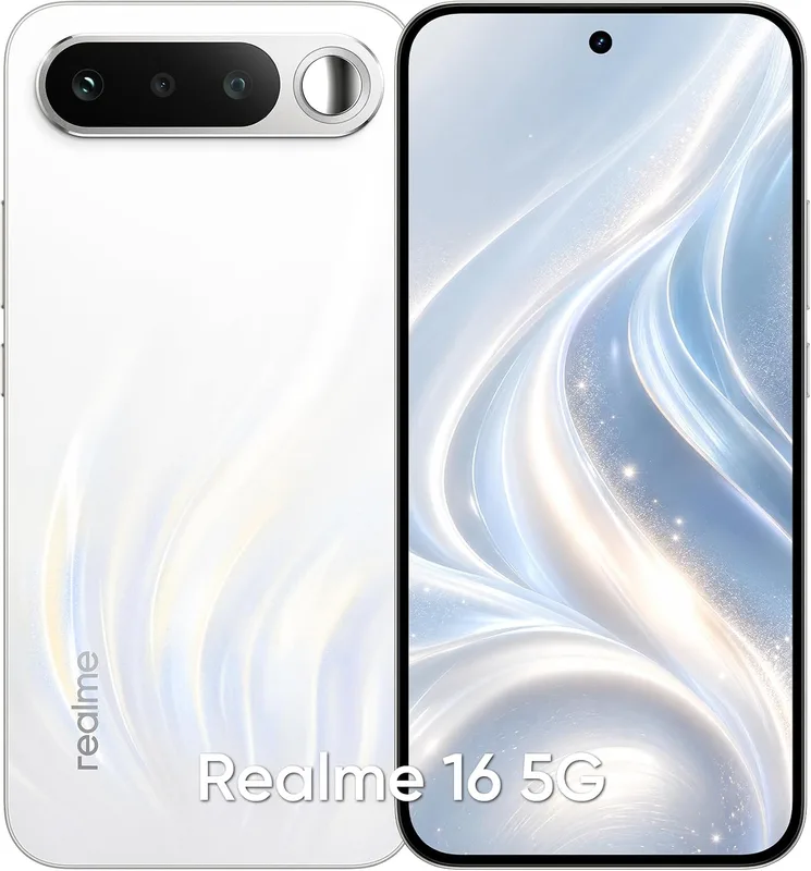 realme 16 5G Smartphone 7000mAh Titan Battery 60W Fast Charge, 8GB + 256GB 6.57" AMOLED 120Hz Display, Dual 50MP AI Camera, MediaTek Dimensity 6400 Turbo Processor, Fingerprint IP69 Air White