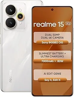 realme 15 5G Smartphone 8+128GB Silver,144Hz HyperGlow 4D Curve Display,7000mAh Battery,80W SuperVOOC,Dual 50MP 4K Cameras,Dimensity 7300+ Chipset,IP69