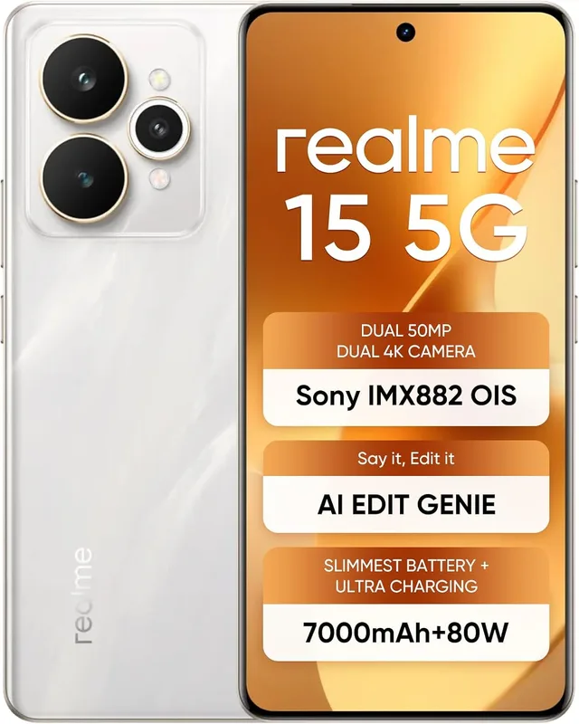realme 15 5G, 8+128GB, Dimensity 7300+ 5G, 50MP 4K Camera, Curved Display, 6.8" 144Hz, Battery 7000mAh, IP69, Flowing Silver