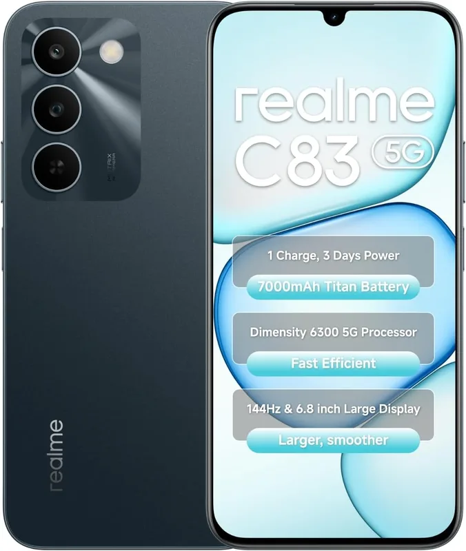 realme C83 Smartphone 6.8 Inch 144Hz Display 4GB RAM 64BG ROM 7000mAh Titan Battery Dimensity 6300 Processor Android 16, IP64 Waterproof Support AI Camera, Dual 5G SIM, GPS, WiFi Green