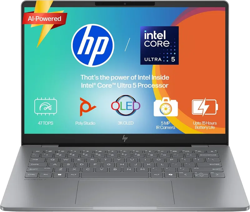 HP OmniBook 7 OLED (Previously Pavilion Plus) Intel Core Ultra 5 255H (16GB LPDDR5,1TB SSD) 3K, 0.2 ms, 14''/35.6cm, Win11, M365, Office24, Meteor Silver,1.5kg, fr0789TU, 5MP Camera, Backlit AI Laptop
