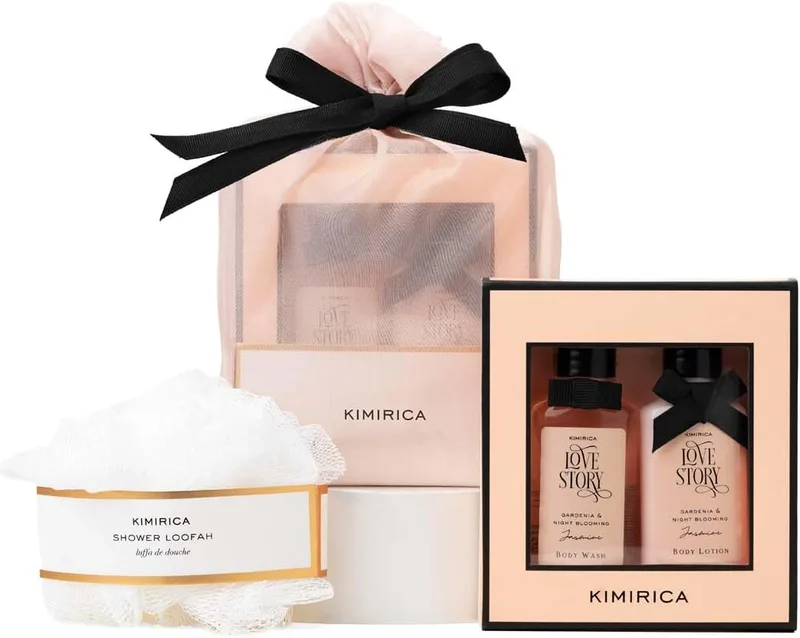 Kimirica "Nothing But Love Duo" Potli Gift Set for Family, Friends, Men & Women | Fragnance of Gardenia and Night Blooming Jasmine | Perfec Anniversary, Birthday & Return gift set | Contains Shower gel, Body Lotion, Loofah and Reusable Potli