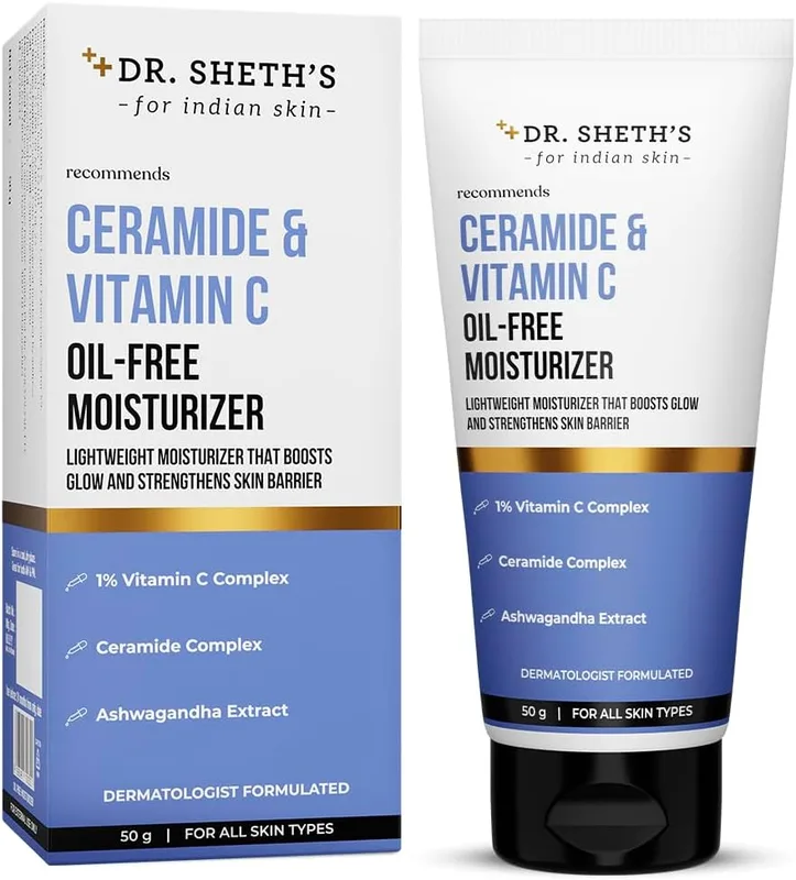 Dr. Sheth's Ceramide & Vitamin C Oil-Free Moisturizer | With 1% Vitamin C Complex, Ceramide & Ashwagandha | Lightweight Moisturizer to Hydrate & Brighten Skin | For Oily, Combination & Acne-Prone Skin | For Women & Men | 50 g
