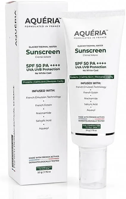 Aqueria Oil Control Brightening Gel Multi-Active French Sunscreen SPF 50 PA++++ | In-Vivo/In-Vitro Tested | 2% Niacinamide, BHA & Hyaluronic Acid | Modern UV Filters | Broad Spectrum UVA/UVB & Blue Light Protection | Lightweight, Non-Greasy, No White Cast | Suitable for Daily Use | For Oily, Acne-Prone & Combination Skin | 50g