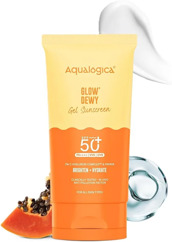 Aqualogica Glow+ Dewy Sunscreen Gel SPF 50+ PA++++ with Papaya & Vitamin C - 30 g | Broad Spectrum SPF 50+ PA++++ | UVA/B & Blue Light Protection | Anti-Pollution Factor (APF) Technology | In-Vivo Tested | Brightens Skin I Fragrance-Free & No White Cast | For Glowing & Sun Protected Skin