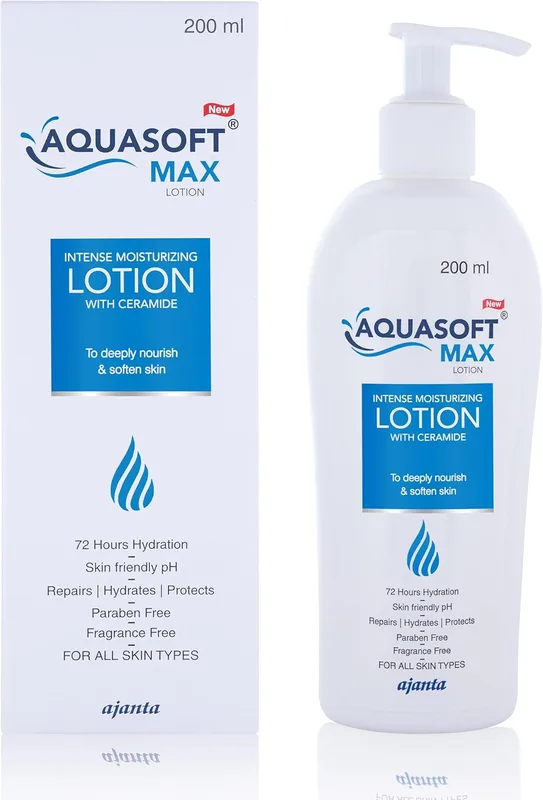 Aquasoft Max Lotion 200ml with 6-Active Complex (OA Maslinico, HACE-200, Niacinamide, Aloe, Shea, Vit E) hydrates deeply; dermatologist recommended for redness and dry skin; moisturizing body lotion