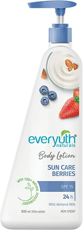 Everyuth Naturals Sun Care Berries Body Lotion 500ml for men & women | 24Hr Hydration | Deep Moisture Care for Dry Skin | Enriched with 100% Natural Almond Milk | Enhanced with SPF 15