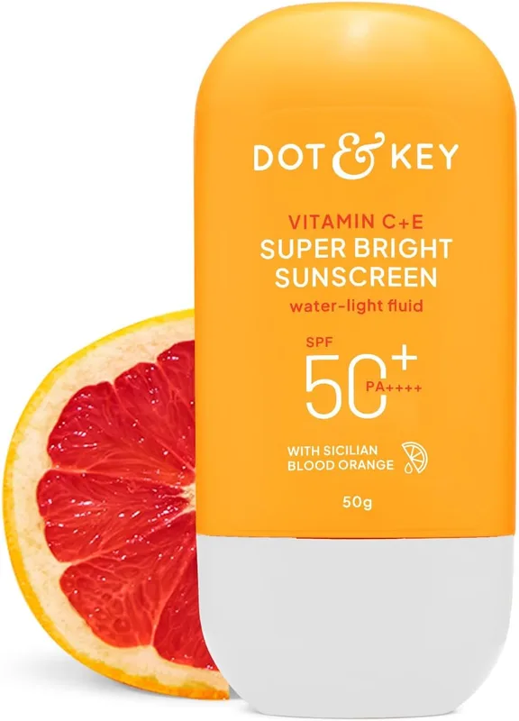 Dot & Key Vitamin C + E Super Bright Sunscreen In-Vivo Tested SPF 50+ PA++++ With New-Age UV Filters, Water-Light Fluid, Boosts Glow, Reduces Dullness & Dark Spots, Checks Tanning, No White Cast| 50G,Pack Of 1