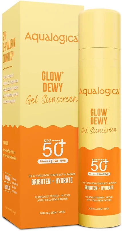 Aqualogica Glow+ Dewy Gel Sunscreen - 50 g | SPF 50+ PA++++ | In-Vivo Tested | New-age Filters | 12-Hour* Sun Protection | Tan Protection | For Bright & Hydrated Skin | Fragrance-Free & No White Cast | C-Hyaluron Complex™ & Papaya | Broad Spectrum UVA/B & Blue Light Protection | Lightweight | For Men & Women