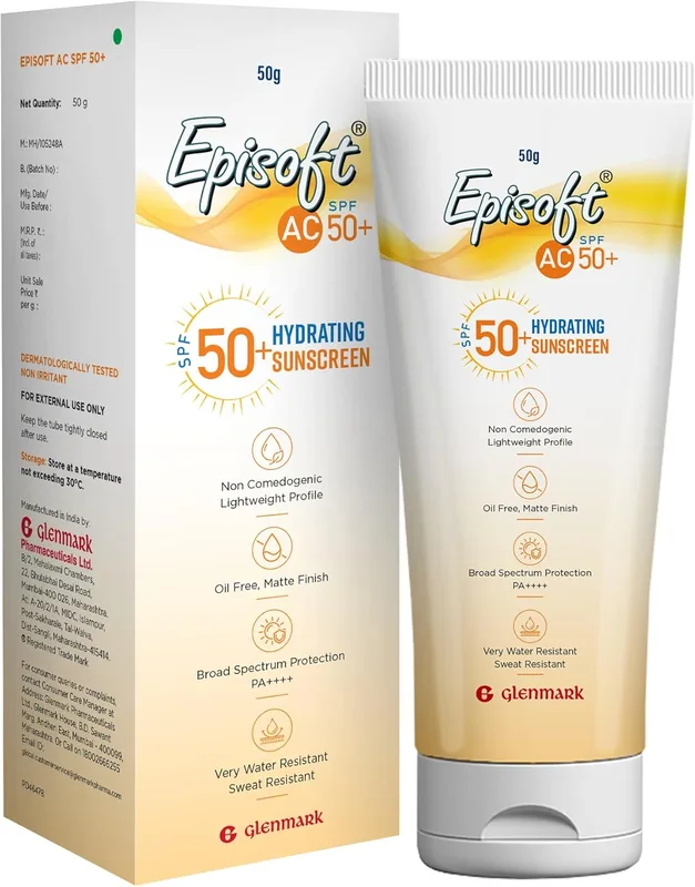 Episoft AC SPF 50 + sunscreen | Maximum Hydration | Protection against both UV-A/UV-B, Water and Sweat Resistance | Lightweight | With anti-aging benefits | For all Skin Types | No white cast | 50 G