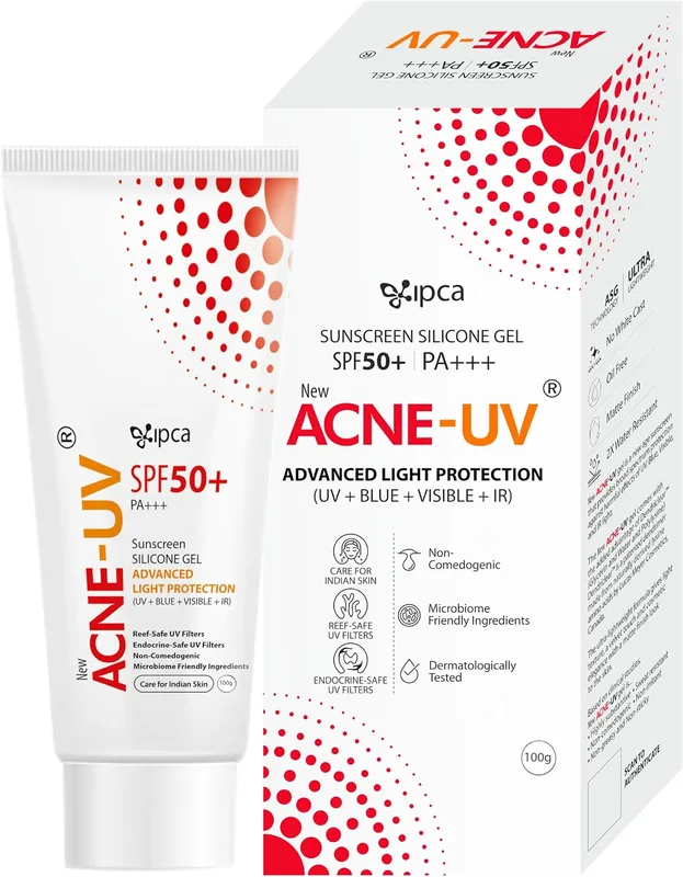 Ipca New Acne-UV Sunscreen SPF50 PA++++ | 100g Acne-UV Gel Sunscreen | Non Comedogenic | Silicone Gel | Oil-Free | UVA/UVB Protection | Water Resistant | No White Cast | Suitable for All Skin Types