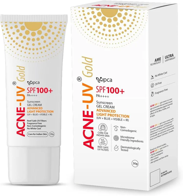 IPCA ACNE-UV GOLD Sunscreen SPF 100+ PA++++ | 30g Oil Free, Non Comedogenic Silicone Gel Sunscreen | UVA/UVB Protection | Water Resistant | No White Cast | Suitable for All Skin Types