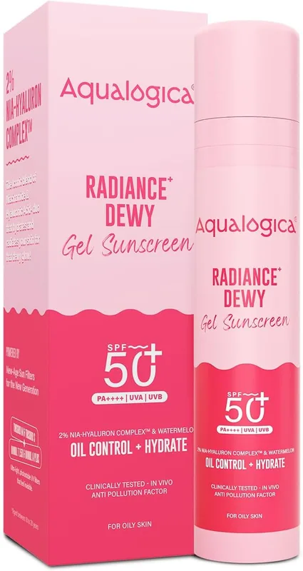 Aqualogica Radiance+ Dewy Gel Sunscreen - 50g | SPF 50+ PA++++ | In-Vivo Tested | New-age Filters | Anti Pollution Factor | For Bright & Radiant Skin | Fragrance-Free & No White Cast | 2% Nia-Hyaluron Complex | Broad Spectrum UVA/B & Blue Light Protection | Lightweight | For Men & Women