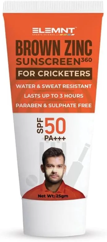 Elemnt Brown Zinc Sunscreen for Cricketers | SPF 50 Zinc Suncream, Broad Spectrum PA+++ with Aloe Vera | Formulated For Heavy Sun Exposure | Water Resistant Sunscreen for Cricketers & Sports | Men & Women - 25gm