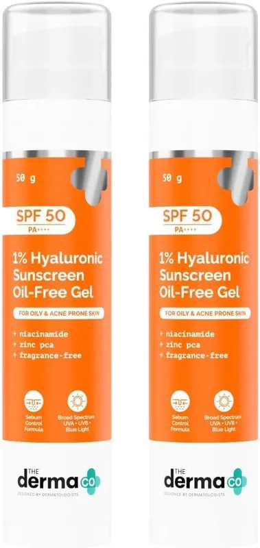 The Derma Co 1% Hyaluronic Sunscreen Oil-Free Matte Gel SPF 50 PA++++ | For Oily, Acne-Prone Skin | Lightweight Texture | No White Cast | Broad Spectrum Protection & Blue Light Protection | Non- Comedogenic | Clinically Tested - (In -Vivo) | Tan Protection | Anti-Pollution Factor | Photostable | Water & Sweat Resistant | For Men & Women | 50 g x 2