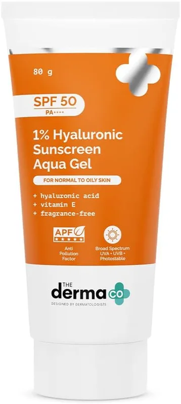 The Derma Co 1% Hyaluronic Sunscreen Aqua Gel SPF 50 PA++++ | Hydrating, Lightweight & Non-Greasy | No White Cast | Broad Spectrum & Blue Light Protection | Clinically Tested - (In-Vivo) | 80 g