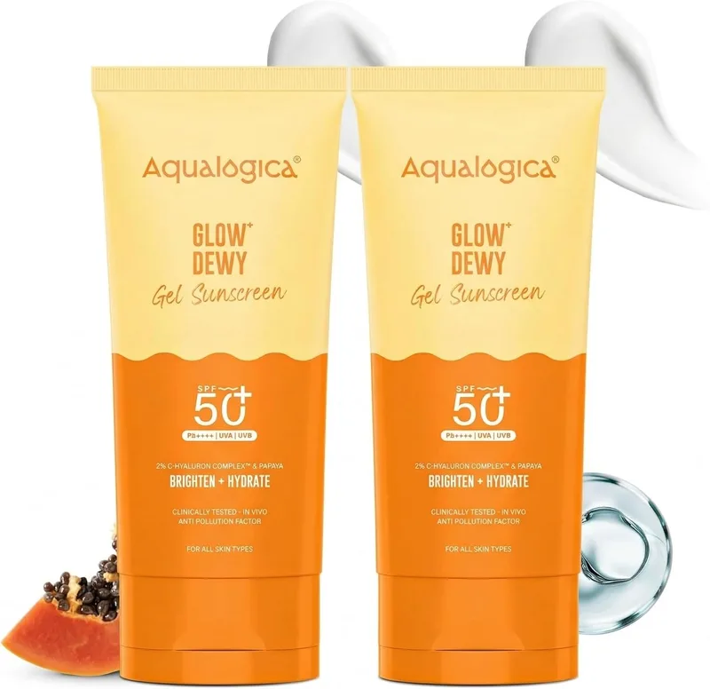 Aqualogica Glow+ Dewy Gel Sunscreen - 80 g x 2 | SPF 50+ PA++++ | In-Vivo Tested | New-age Filters | 12-Hour* Sun Protection | Tan Protection | For Bright & Hydrated Skin | Fragrance-Free & No White Cast | C-Hyaluron Complex™ & Papaya | Broad Spectrum UVA/B & Blue Light Protection | Lightweight | For Men & Women
