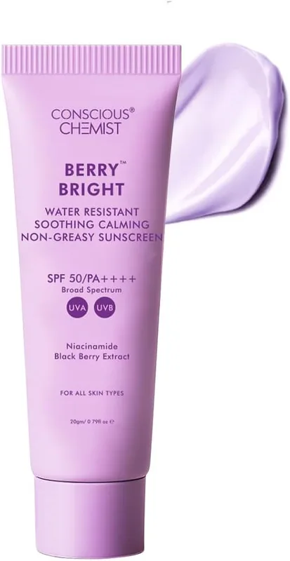 Conscious Chemist® Sunscreen SPF 50 PA++++ In-Vivo Tested | 20g | For Oily Skin, Gel Sunscreen, Niacinamide Sunscreen with Black Berry Extract, Hybrid Lightweight, Water Resistant, All Skin Types - Berry Bright