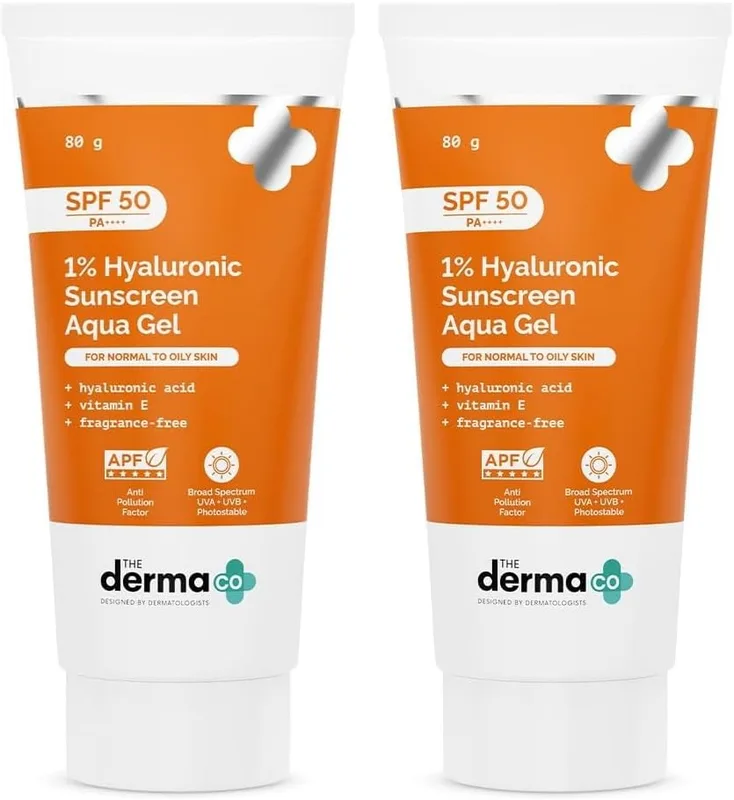 The Derma Co 1% Hyaluronic Sunscreen Aqua Gel SPF 50 PA++++ | In-Vivo Tested | Hyaluronic Acid for Deep, Long Lasting Hydration | Ultra Lightweight Texture I Non-Greasy, No White Cast | Broad Spectrum Protection & Blue Light Protection | Tan Protection | Photostable | For Men & Women | 80 g x 2