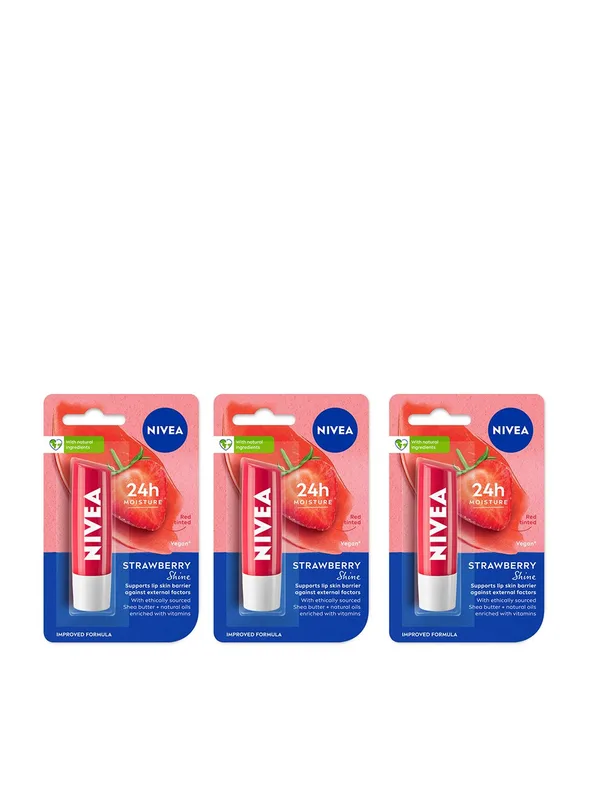 Nivea Women Set of 3 24h Moisture Lip Balm with Natural Oils - Strawberry Shine