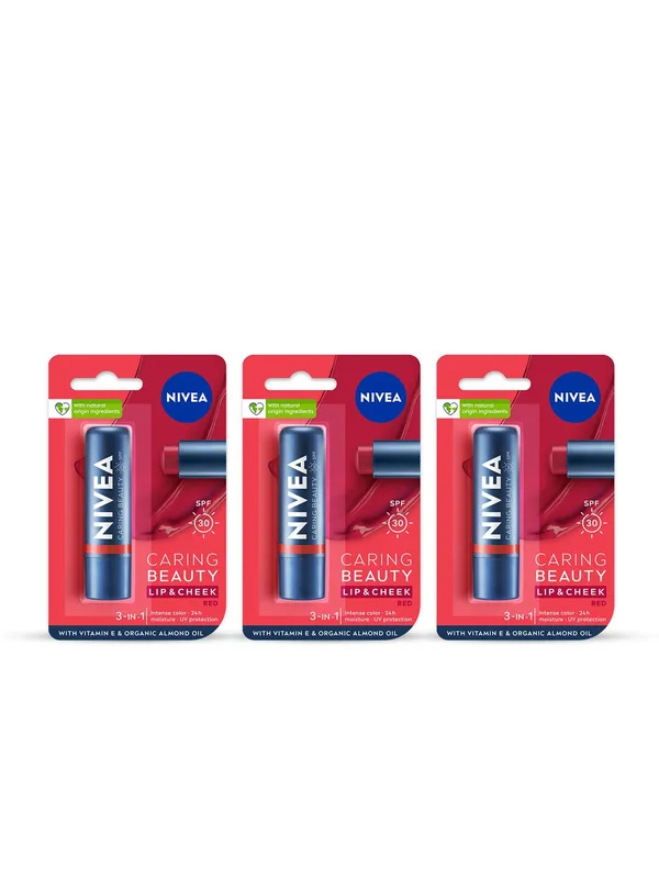 Nivea Set of 3 Caring Beauty SPF 30 Lip & Cheek Tint Balm with Shea Butter 4.8 g Each -Red