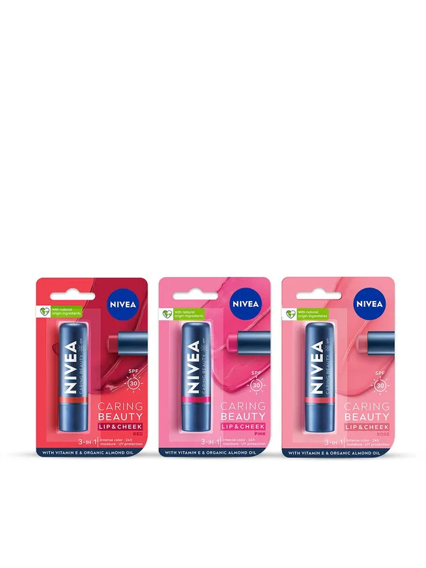 Nivea Set Of 3 Caring Beauty SPF 30 Lip & Cheek Tint With Vitamin E - 4.8g Each